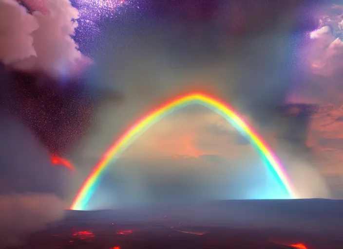 Image similar to rainbow from an erupting volcano at night, fantasy, digital art, realism, unreal engine, sharp, detailed, trending on artstation,
