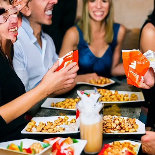 Image similar to people at a party eating out of snack bags
