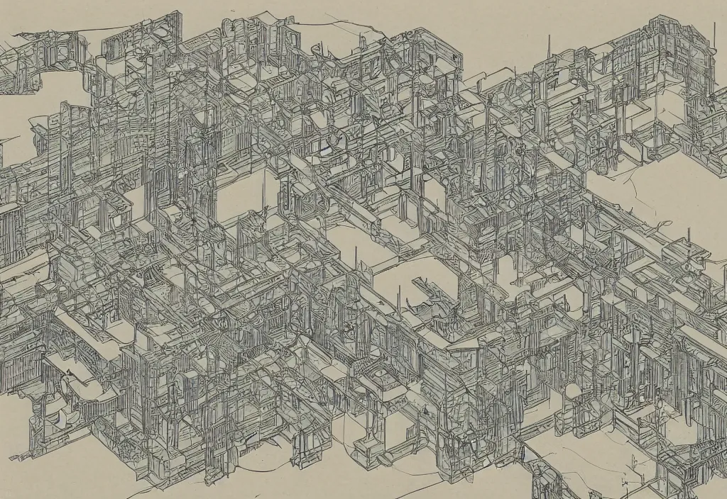 Prompt: An artwork made from layers of technical drawings and architectural plans and blueprints, very detailed and intricate with callout texts, leaders, arrows, with dimensions and titleblocks and section bubbles by Kim Jung Gi and Hasui Kawase and Tomine