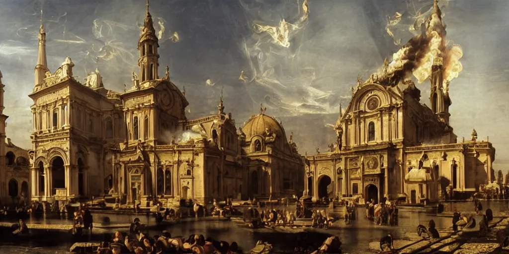 Image similar to beautiful oil matte painting, baroque church caught on fire with people desperate to extinguish the flames, wonderful masterpiece highly detailed, beautiful cinematic light deep focus, elegant, digital painting, smooth, sharp focus, golden ratio, dramatic illumination, ultra realistic, 8 k, art by giovanni bellini and caravaggio