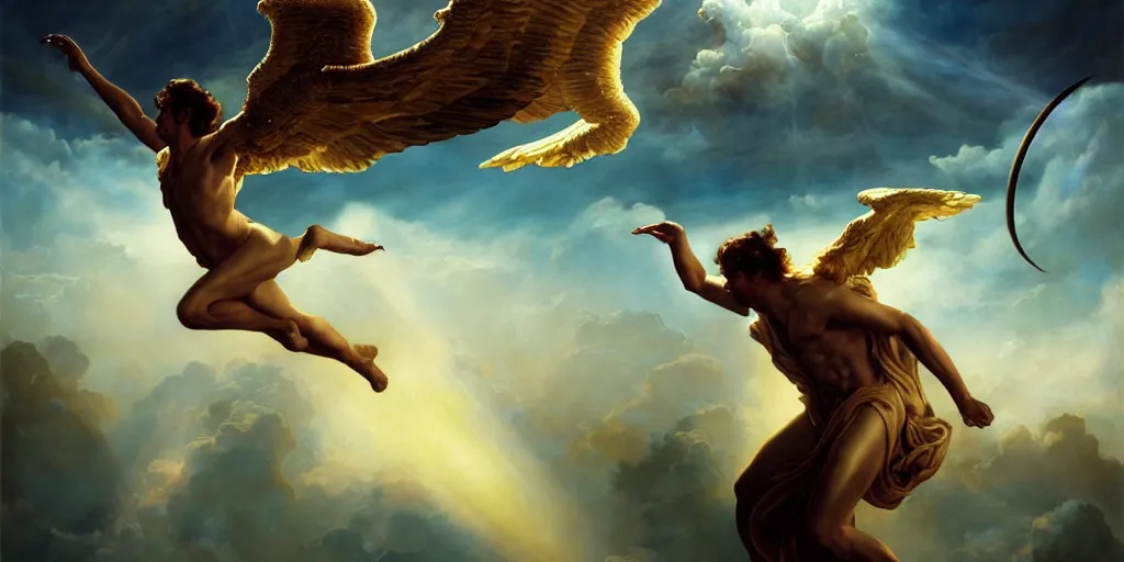 Prompt: Icarus trying to catch the golden snitch, by Rolf Armstrong and Evelyn De Morgan and Bastien Lecouffe-Deharme, dramatic lighting, high contrast colors, baroque, empyrean, panoramic view, as trending on Artstation, highly detailed, doom engine,