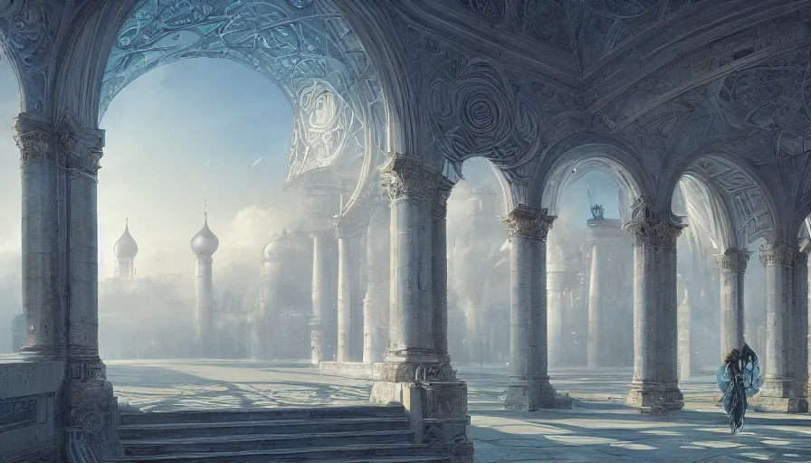 Image similar to vanishing point, palace like the kremlin covered aqua blue roses, viewed from afar, stephen bliss, misty, unreal engine, fantasy art by greg rutkowski, loish, ferdinand knab, and lois van rossdraws,, global illumination, radiant light, minimalist, detailed and intricate environment