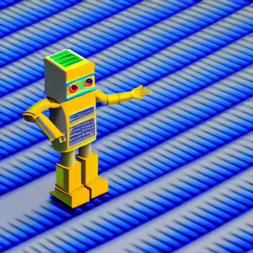 Image similar to corporate google isometric art if robot in datacentre, corporate isometric art, raytraced colourful 3 d