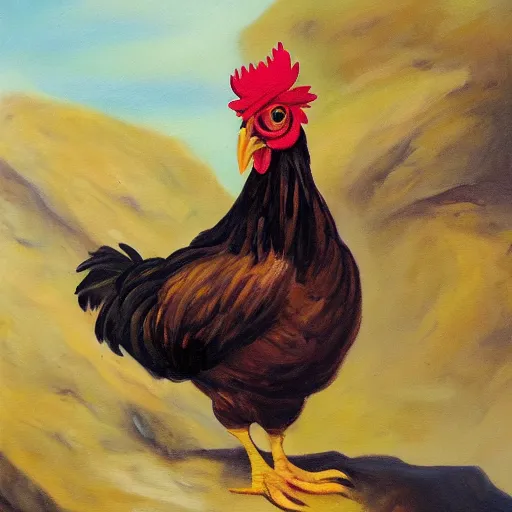 Prompt: oil painting of a chicken on the edge of a cliff