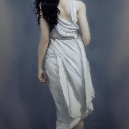 Prompt: Greek goddess posing for painter, sun light, trending on artstation, black hair, white coat