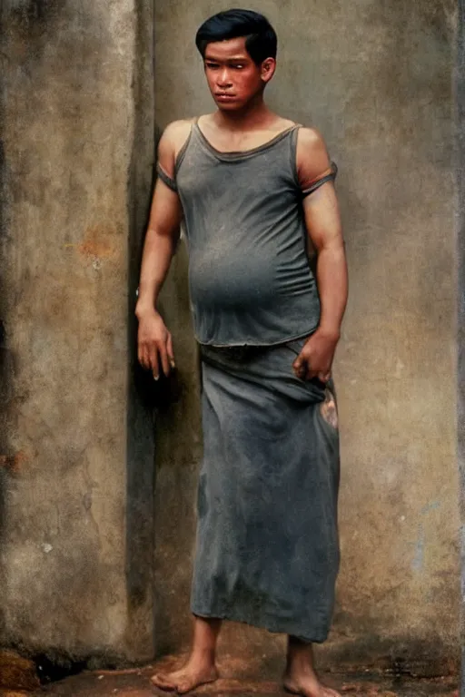 Image similar to Full-length portrait of a handsome young pregnant male on the streets of Bangkok, historically reliable photo chronicle, 1975, ultra detailed digital art, octane render, 4K, by John William Waterhouse and Edwin Longsden Long and Theodore Ralli and Nasreddine Dinet