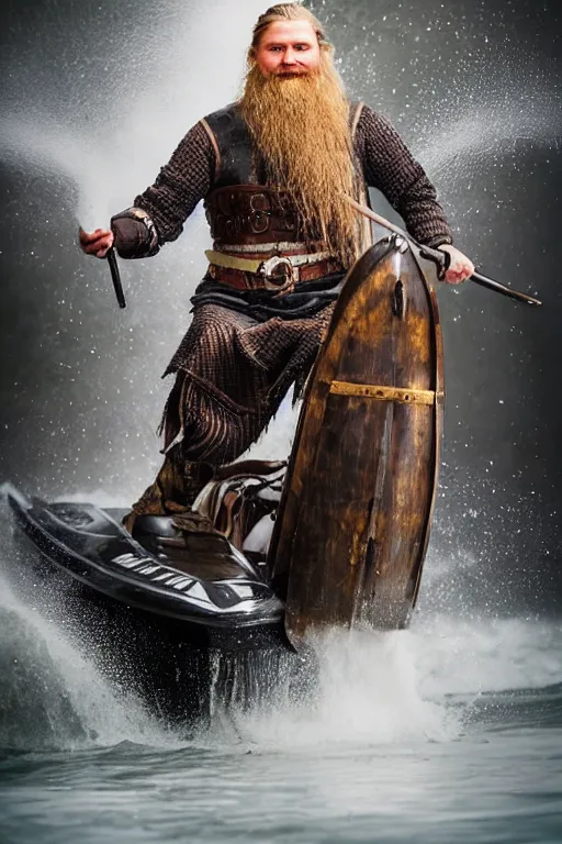 Image similar to old vintage full body photo of ancient viking warrior with full beard on the complex complex steam punk jet ski with antigravity engine during big viking event, extreme sports photography ,super high speed photography, dynamic photography,symmetrical face, clean face, muscular body, high speed,dirt and grawel in air, lens flares, dust partiles in the air, dramatic lighting, intricate, highly detailed, centered, smooth, sharp focus, sports photography, old photo, black and white, sepia, cinematic lighting, cinematic angle, national geographic