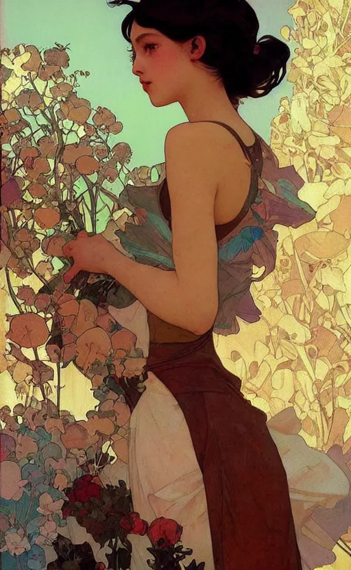 Image similar to egirl!!!!! aesthetic!!!! girl painting by tran nguyen ilya kuvshinov alphonse mucha and greg rutkowski