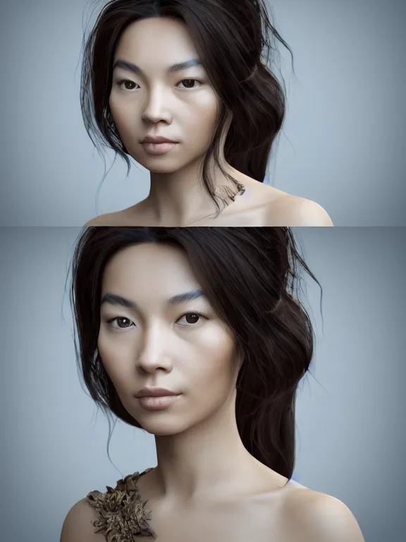 Image similar to 3d render Portrait of a woman, Chinese-French mixed race, one quarter French, three quarters Chinese minority, subtropical ethnicity, ivory skin, dark brown long hair, dark brown eyes, wearing fantasy costume,intricate, elegant, highly detailed, dim volumetric lighting, abstract, 8k,octane,post-processing,digital painting, trending on artstation, concept art, smooth, sharp focus, by greg rutkowski and alphonse mucha