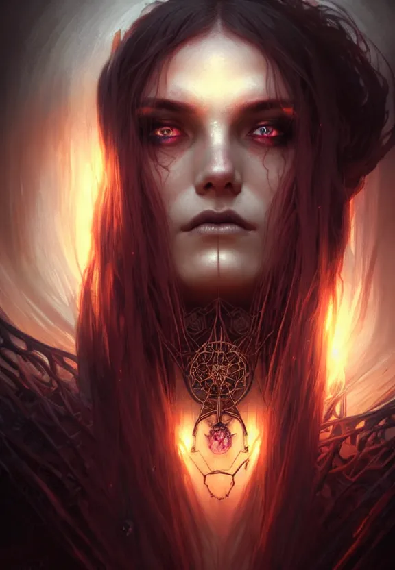 Image similar to Necromancer Sorceress face close-up macro in center, fantasy magic, undercut hairstyle, dark light night, intricate, elegant, sharp focus, illustration, highly detailed, digital painting, concept art, matte, art by WLOP and Artgerm and Greg Rutkowski and Alphonse Mucha, masterpiece