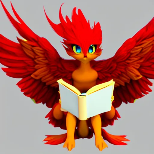 Prompt: A small cute adorable phoenix reading a book at a university digital art raytracing 3D