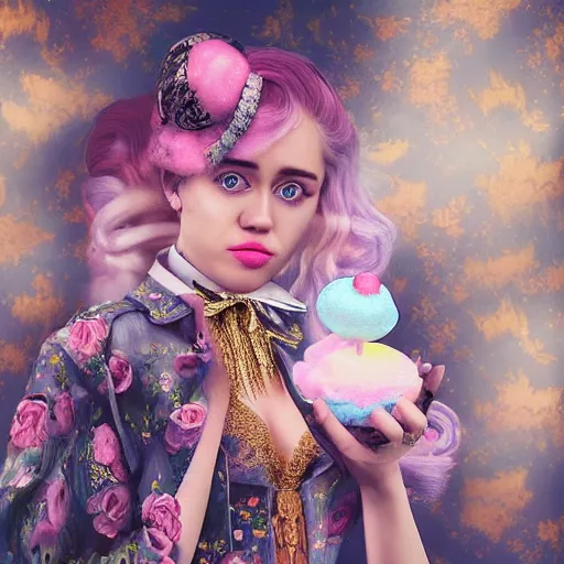 Prompt: “ 8 k, octane render, realism, tonalism, renaissance, rococo, baroque, portrait of miley cyrus wearing long - harajuku manga - dress with flowers and skulls, cotton candy!! ( background chaotic gold leaf flowers ) ”