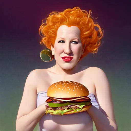 Image similar to portrait of bette midler eating hamburgers, extra onions and ketchup, luscious patty with sesame seeds, feminine ethereal, handsome, d & d, fantasy, intricate, elegant, highly detailed, digital painting, artstation, concept art, matte, sharp focus, illustration, art by artgerm and greg rutkowski and alphonse mucha