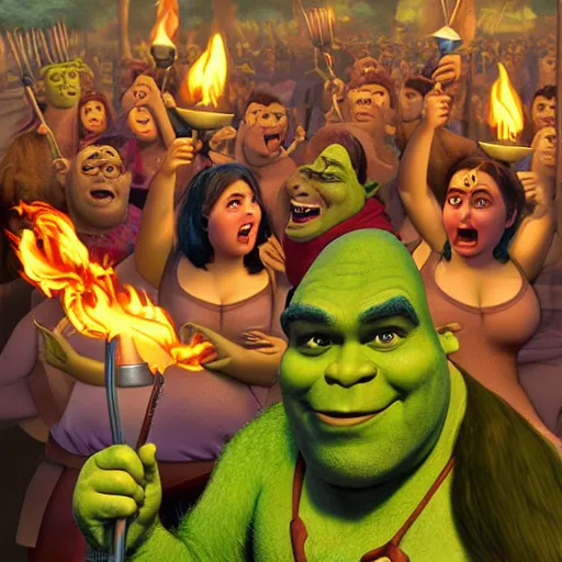 Image similar to shrek scene with the angry mob with pitch forks and torches, indian chad male with lush beard playing as shrek, followed by an angry mob with torches, digital art, 2 d art