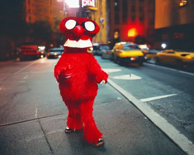 Prompt: photo of iowa state university mascot cy the cardinal wandering the streets of nyc at night, cinestill 8 0 0 t film