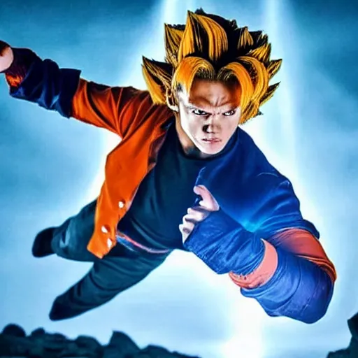 Image similar to Still of Sam heughan as Goku in Dragon ball live action movie powerful epic light blue and Orange