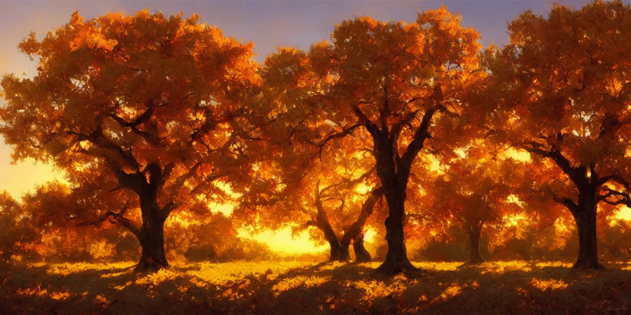 Image similar to a beautiful, stunning landscape with giant oak trees in the fall during sunset by craig mullins