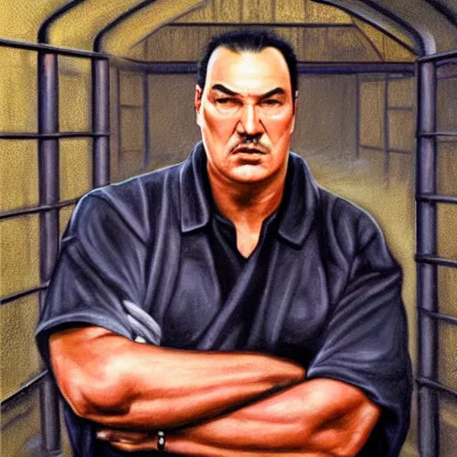 Prompt: portrait of sad steven seagal behind!! prison bars!!, realistic, detailed