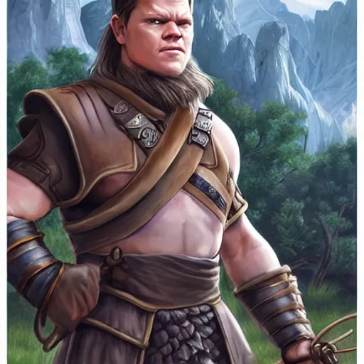 Image similar to dnd character.. human druid. matt damon. mullet. chinstrap patchy beard. plains and horses in the background. brown. beige. holding spear. leather armor. concept portrait. hd. dynamic lighting, fantasy, artwork by artgerm, greg rutknowski