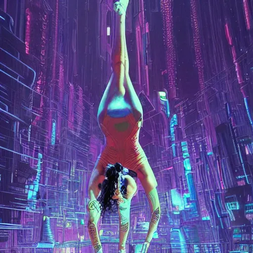 Image similar to a cyberpunk gymnast, centered in the frame, cyberpunk concept art by Jean Giraud and josan gonzales, digital art, highly detailed, intricate, sci-fi, sharp focus, Trending on Artstation HQ, deviantart, 4K UHD image