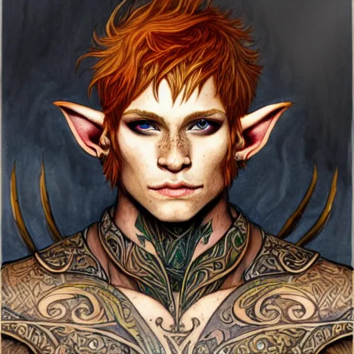 Image similar to portrait painting of an elven young man with short ginger hair and tribal tattoos on his cheeks wearing fur armor, sharp focus, award - winning, trending on artstation, masterpiece, highly detailed, intricate. art by rebecca guay