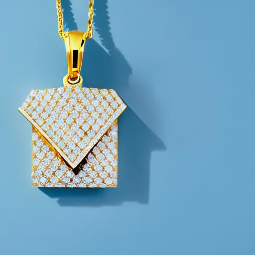 Image similar to a gold chain, with a diamond pendant shaped like a carton of milk