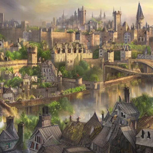 Prompt: elegant fantasy capital city, in the foreground sprawling houses and shops lining the crowded streets. in the background is a large stone castle with several tall spires. realistic, highly detailed painting concept art style