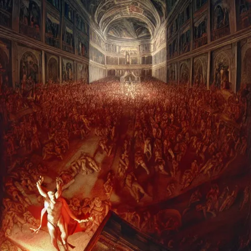 Image similar to the sistine chapel's ceiling is broken is half as a red magical portal from hell opens up, lucifer morningstar emerges along with a few demons, the priests and the pope look at the scene with terror in their eyes. highly detailed painting by gaston bussiere, greg rutkowski, craig mullins 8 k