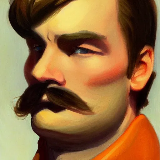 Prompt: a brown haired man with a small mustache staring deeply at camera, detailed, edward hopper, trending on artstation,