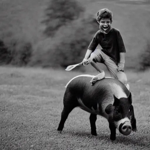 Prompt: illustration of boy riding pig, black and white, cinestill, 800t, 35mm, full-HD