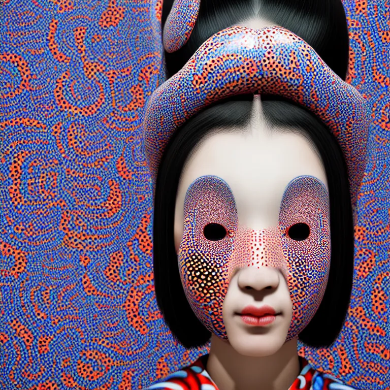 Image similar to hyperrealistic detailed image of a geisha in a art installation room, hd smooth interior by yayoi kusama, part by kei mieno, part by ross tran, dark art by james jean, ultra realistic, highly detailed, life like face, detailed body, 8 k, 3 d render by roger magrini, very cohesive, masterpiece