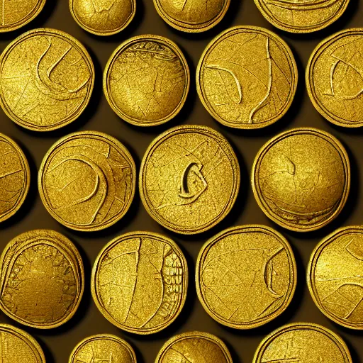 Prompt: seamless texture, ancient Gold Coins, photo, octane render, denoise, realism, realistic,