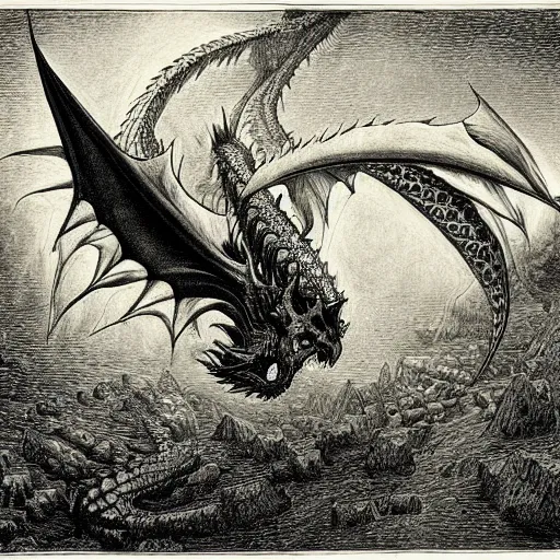 Image similar to xilography of a dragon by escher by gustave dore