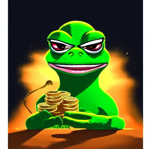 Image similar to super rich happy pepe, coins, gold, crystals, greg rutkowski