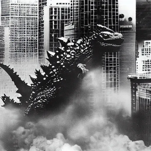 Prompt: a newsreel photo of godzilla rampaging through downtown minneapolis