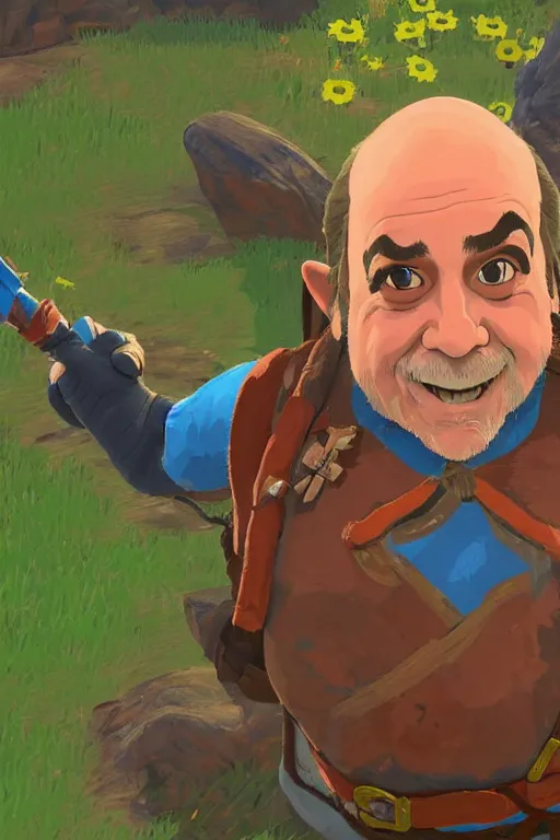 Image similar to an in game portrait of danny devito from the legend of zelda breath of the wild, breath of the wild art style.