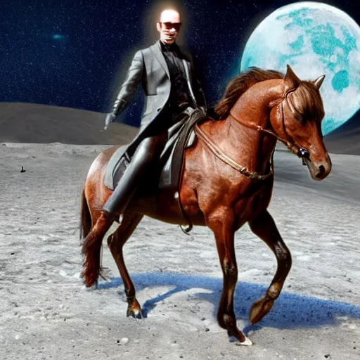 Prompt: real vintage photo, agent smith from the matrix riding a horse on moon, detailed, hyper realistic, 4 k octan render, unreal 5