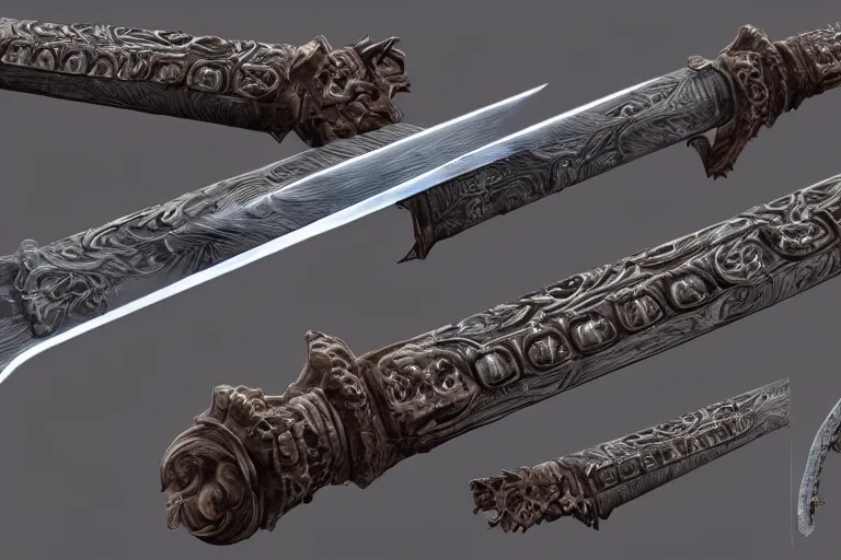 Image similar to haunted saber sword, one object, closetup, artstation, intricate