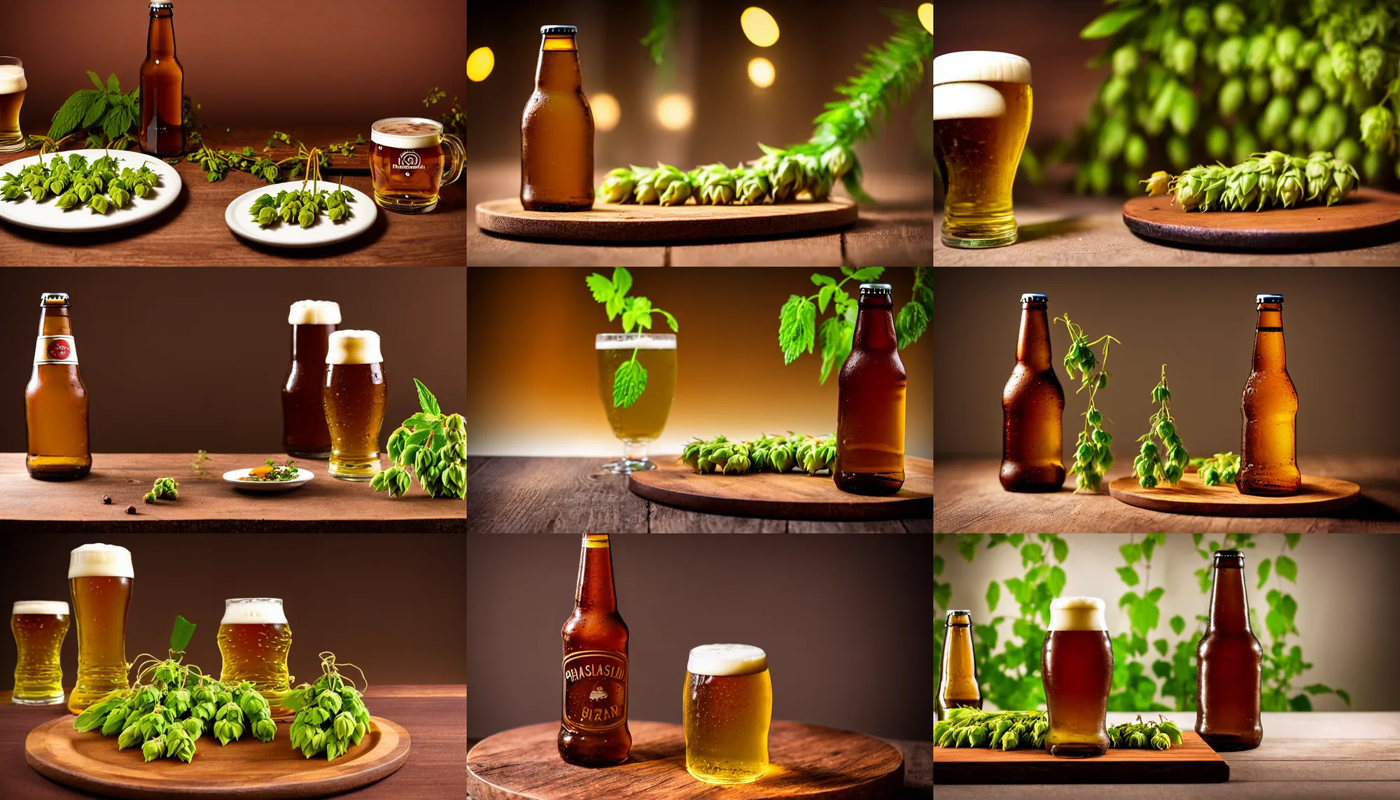 Prompt: dslr food photography of a brown euro beer bottle, on a wooden plate, with hop plant decoration and a glass of beer on the side, macro shot, hasselblad, 1 0 0 mm f 1. 8, dimmed lightning