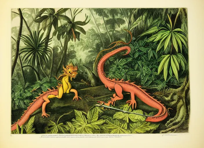 Image similar to dragons in a tropical forest, john james audubon, vintage botanical, intaglio