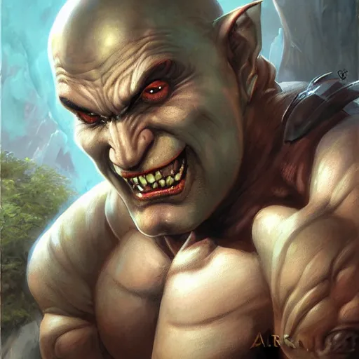 Image similar to a fantasy comic book style portrait painting of a bald half - orc male warrior, art by artgerm, boris vallejo, karol bak, mark brooks, donato giancola, bayard wu, 4 k, hires, focus