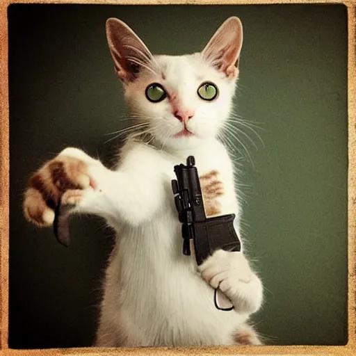 Image similar to “A cat, holding a gun in its paws”