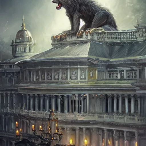 Image similar to werewolf highly sitting on the opera house at lviv, panorama, highly detailed, full body, digital painting, trending on artstation, concept art, sharp focus, illustration, art by artgerm and greg rutkowski and magali villeneuve