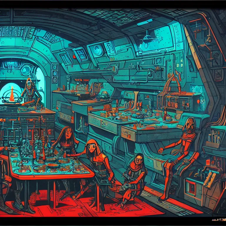 Image similar to ancient alchemist wizards laboratory inside of a spaceship, high details, lineart, by vincent di fate, inking, 3 color screen print, masterpiece, trending on artstation, sharp, high contrast, hyper - detailed, hd, 4 k, 8 k