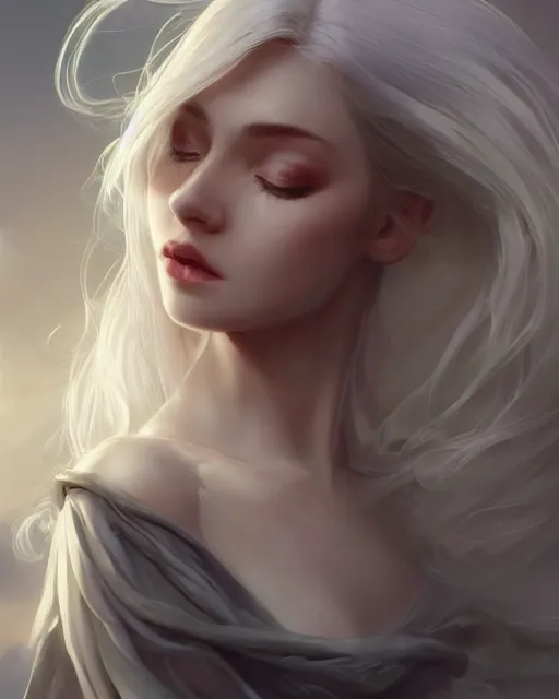 Image similar to a beautiful female cleric, ethereal, dreamy, backlit, silky white hair, realistic face, realistic lighting, sharp focus, hair in the wind, rule of thirds, by artgerm, wlop, rossdraws, frank frazetta, andrei riabovitchev, trending on artstation, hd, 4 k, fantasy