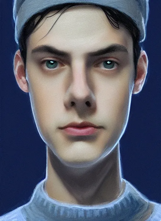 Image similar to portrait of teenage jughead jones wearing a light grey crown, crown, blue turtleneck, 1 9 5 0 s, closed eyes, photorealistic, black hair, glowing lighting, intricate, elegant, glowing lights, highly detailed, digital painting, artstation, concept art, smooth, sharp focus, illustration, art by wlop, mars ravelo and greg rutkowski