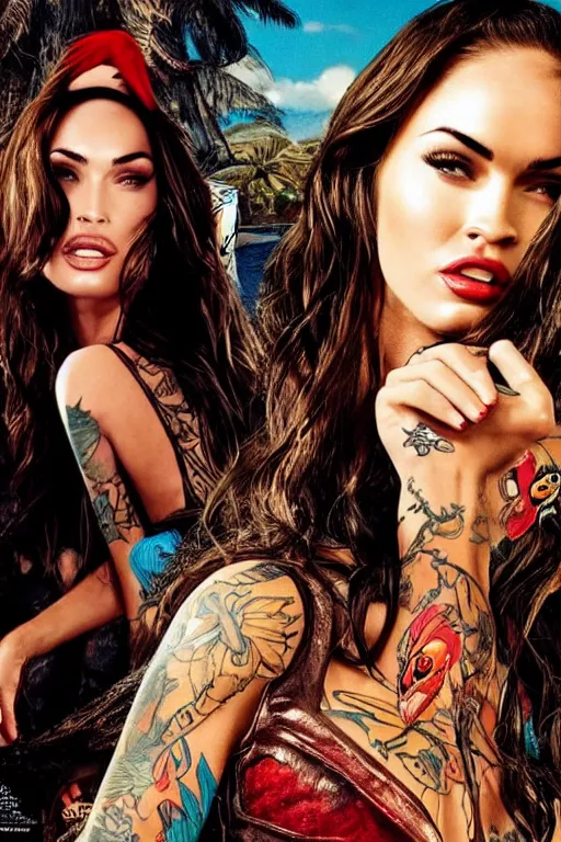 Prompt: megan fox as a sexy tattooed pirate with a parrot, movie poster, amazing detail, 8k resolution
