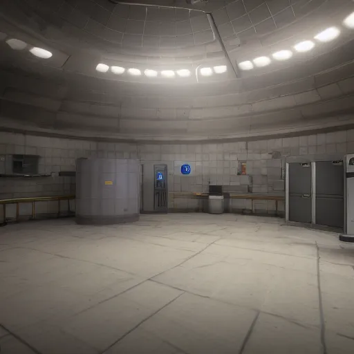 Image similar to lonely spaces of underground lab, sterile, clean, cinematic, liminal space, unreal engine, in-game screenshot