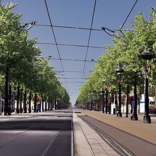 Prompt: Saint-Petersburg main street has trees and tram but without any car
