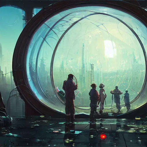 Image similar to A city trapped in a giant transparent dome, bubbles, cinematic lighting, insanely detailed, intricate, artstation, cgsociety, painted by Simon Stalenhag, Craig Mullins, concept art, illustration, sharp focus,